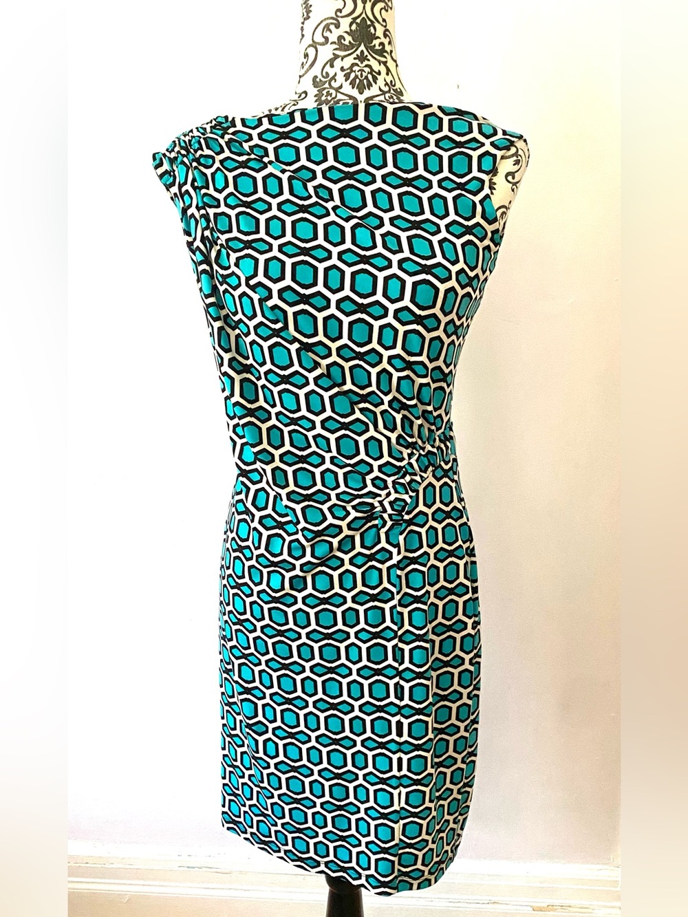 Calvin Klein Turquoise and Black Geo-Print Sheath Dress Size XS